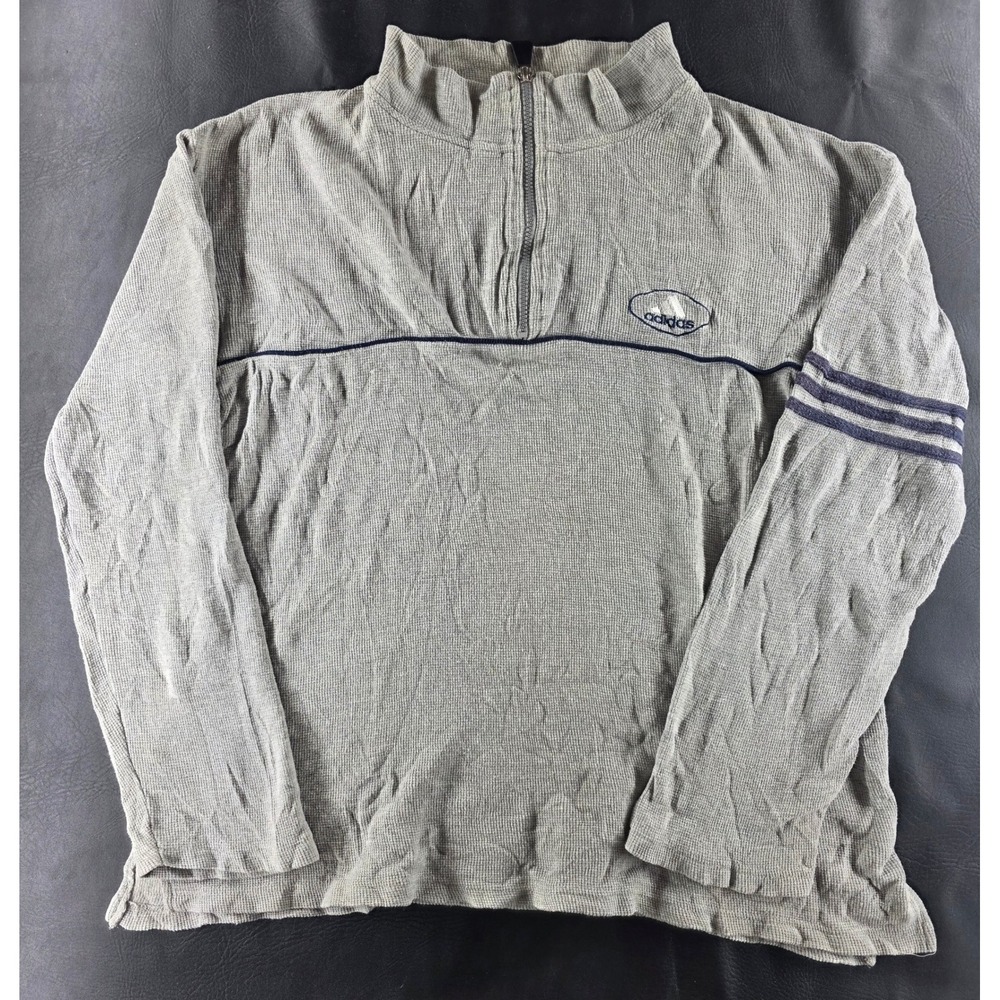 Adidas Mens Vintage Grey Waffle Knit Quarter Zip Pullover Long Sleeve Shirt L